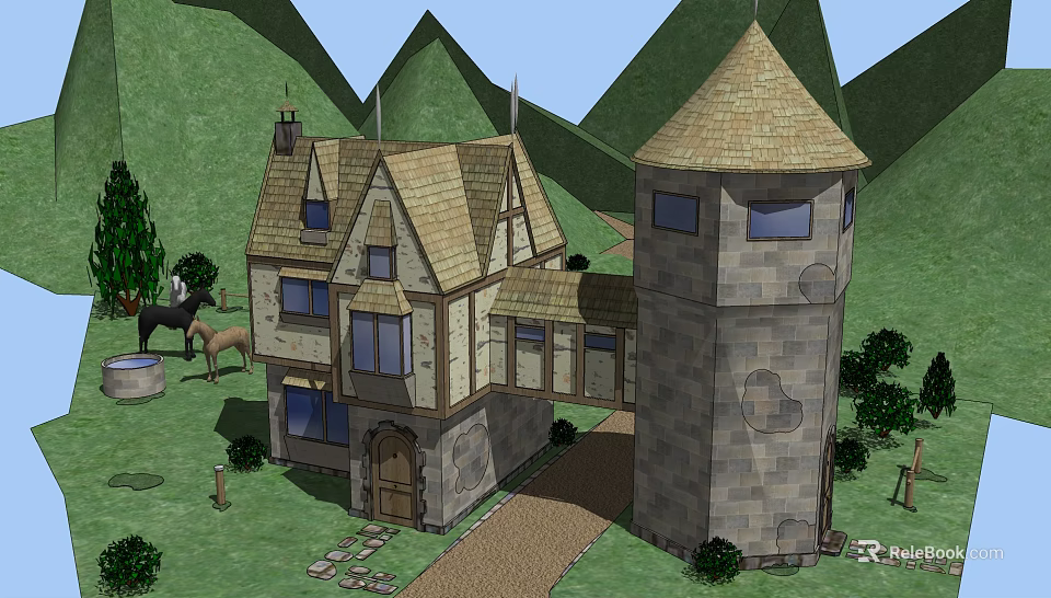 Medieval Stone House with Tower and Thatched Roof Near Green Hills and Horses 3d model