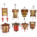 Traditional Chinese Style Chandeliers with Wooden Frames Painted Patterns and Red Tassel Decorations