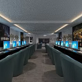 Modern Internet Cafe Interior Featuring Row Of Computers Blue Screens And Comfortable Chairs