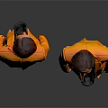 Woman In Orange Blazer And Black Pants Front And Back View On Gray Background
