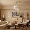 Beige Living Room Interior With Chandelier Fireplace Sofa Coffee Table And Decorative Painting