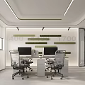 Modern Public Office Space With Lattice Screen Large Windows Sofa Coffee Table And Green Plants