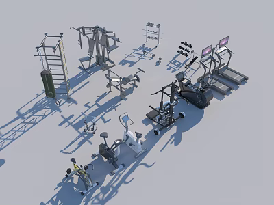 Fitness Equipment Collection Including Treadmills Weight Benches Dumbbells And Pull Up Bars 3d model