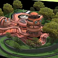 Outdoor Playground Equipment With Colorful Structures Slides And Climbing Parts Surrounded By Trees