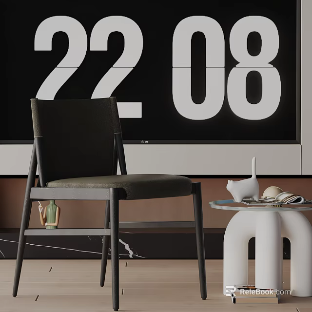 Stylish Dark Accent Chair in Modern Interior with Digital Clock and Side Table Decor 3d model 