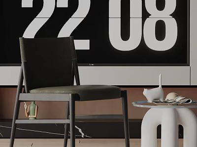 Stylish Dark Accent Chair in Modern Interior with Digital Clock and Side Table Decor 3d model