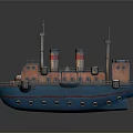 Classic Vintage Wooden Ship with Red Chimneys Blue Orange Hull Windows and Railings