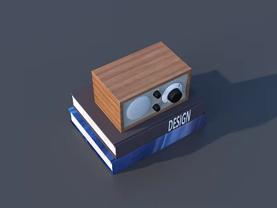 Elegant Wooden Speaker Resting On Stacked Books With DESIGN Cover 3d model