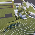 Modern Garden Landscape Design With Curved Structures Green Lawn And Trees