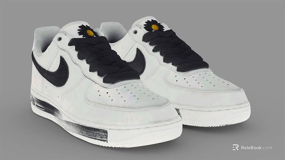 White Nike Sneakers With Black Laces And Small Yellow Flower On Tongue 3d model 
