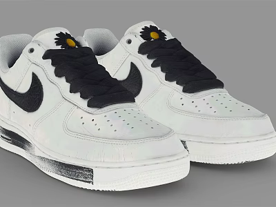 White Nike Sneakers With Black Laces And Small Yellow Flower On Tongue 3d model