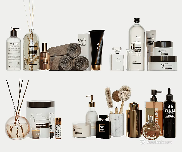 Modern Bathroom Accessories Collection Featuring Bottles Towels Diffusers And Brushes 3d model 