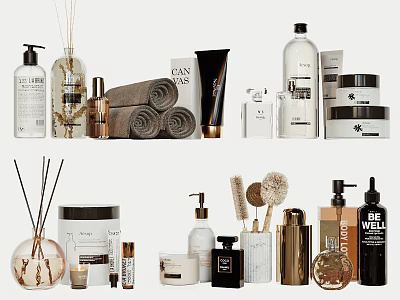 Modern Bathroom Accessories Collection Featuring Bottles Towels Diffusers And Brushes 3d model