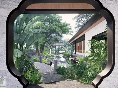 Traditional Chinese Scenic Wall Design with Lush Green Foliage Courtyard Water Feature and Stone Path 3d model
