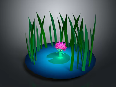 Game Movie Character 3D Model With Pink Lotus On Blue Water Surrounded By Green Grass 3d model