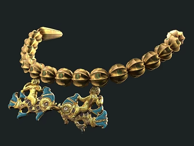Exquisite Gold Jewelry Necklace With Turquoise Accents Intricate Carved Beads And Decorative Pendant 3d model