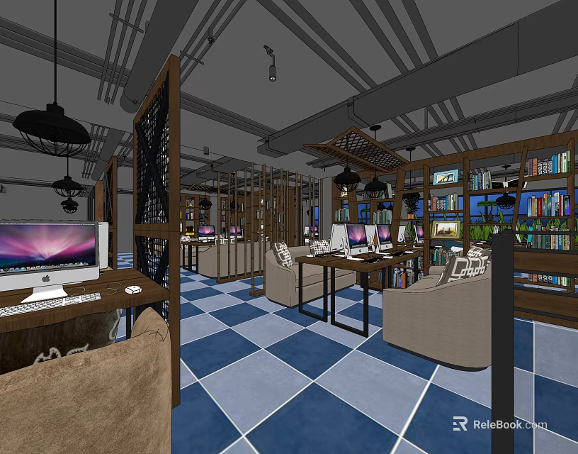 Modern Internet Cafe Interior With Computers Tables Bookshelves Hanging Lights And Blue White Checkered Floor 3d model 