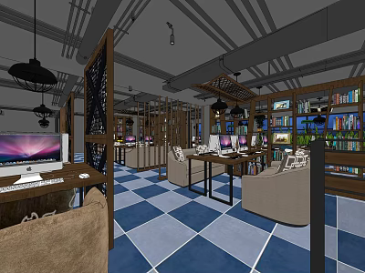 Modern Internet Cafe Interior With Computers Tables Bookshelves Hanging Lights And Blue White Checkered Floor 3d model