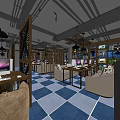 Modern Internet Cafe Interior With Computers Tables Bookshelves Hanging Lights And Blue White Checkered Floor
