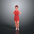 Woman in Red Polka Dot Dress with Updo Hairstyle and White Shoes Against Gray Background