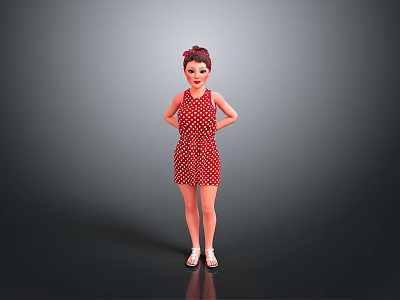 Woman in Red Polka Dot Dress with Updo Hairstyle and White Shoes Against Gray Background 3d model