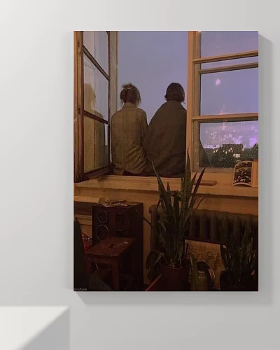 Figure Painting Of Two People Sitting On Windowsill With Night View Outside And Indoor Plants 3d model