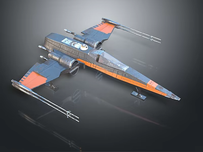 Detailed Orange And Black Starfighter Spaceship Model With Aerodynamic Wings For Space Exploration 3d model
