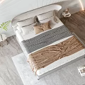 Modern Double Bed Interior with Upholstered Headboard Striped Bedding Wooden Nightstands and Potted Plant