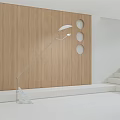 Minimalist Floor Lamp with White Shade by Wooden Wall and Round Cutouts