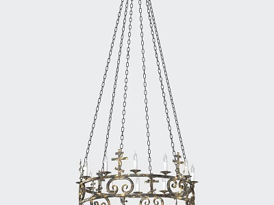 Vintage Metal Chandelier Featuring Hanging Chains Ornate Scrolls And Candle Lights 3d model