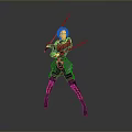 Red Haired Woman in Armor Holding Two Red Swords in Battle Stance