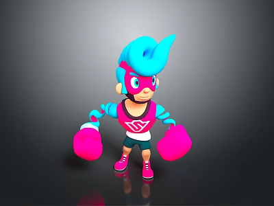 3D Game Character Design With Blue Hair Pink Mask Pink Boxing Gloves And Sporty Outfit 3d model