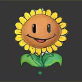 Cartoon Sunflower Plant with Yellow Petals Orange Center and Smiling Face and Green Leaves Design