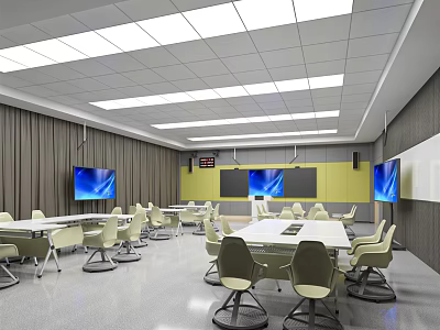 Modern School Classroom With Open Layout Multimedia Screens And Comfortable Desks Chairs 3d model