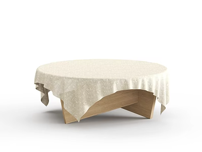 Modern Round Table With Beige Patterned Tablecloth And Wooden Legs Design 3d model