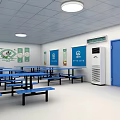Cafeteria Interior With Blue Long Tables Benches Wall Banners And Ceiling Lights 3d model