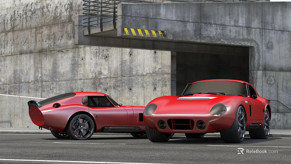 Two Red Sports Cars Parked Alongside Concrete Wall Near Garage Entrance 3d model 