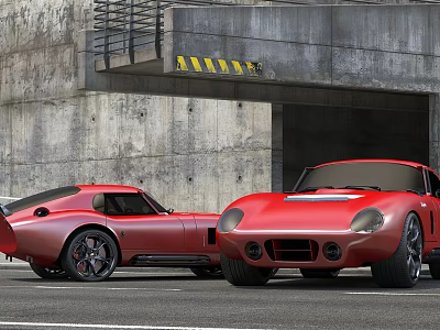 Two Red Sports Cars Parked Alongside Concrete Wall Near Garage Entrance 3d model