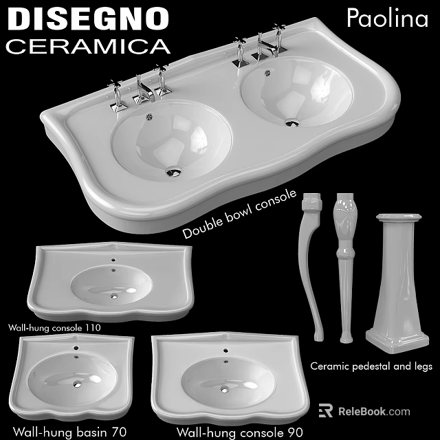 Stylish Double Bowl Ceramic Washbasin Console With Pedestal And Leg For Bathroom 3d model 