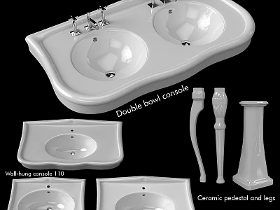 Stylish Double Bowl Ceramic Washbasin Console With Pedestal And Leg For Bathroom 3d model