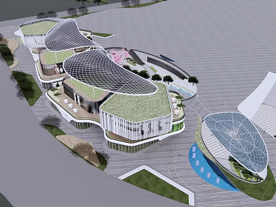 Modern Architectural Complex With Green Roofs Curved Glass Structures And Water Features 3d model