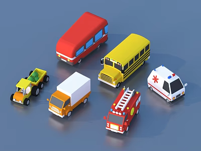Cartoon Style Toy Vehicles Including Bus School Bus Truck Van Fire Truck And Ambulance 3d model