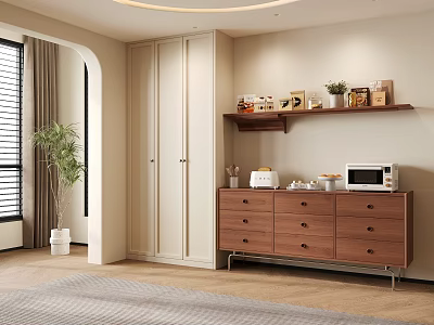 Walnut Sideboard in Modern Interior with Shelf Decorative Items Plant Microwave and Drawers 3d model