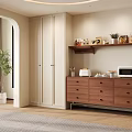 Walnut Sideboard in Modern Interior with Shelf Decorative Items Plant Microwave and Drawers