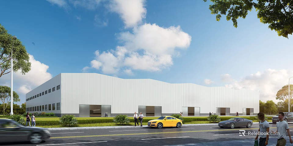 Modern Industrial Factory Building Exterior with White Walls People Cars Green Landscaping Blue Sky Clouds 3d model 