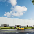 Modern Industrial Factory Building Exterior with White Walls People Cars Green Landscaping Blue Sky Clouds
