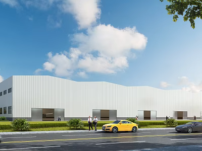 Modern Industrial Factory Building Exterior with White Walls People Cars Green Landscaping Blue Sky Clouds 3d model