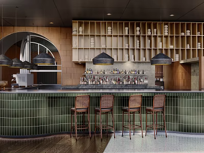 Stylish Bar Interior With Green Tiled Counter Four Wooden Stools And Hanging Black Pendant Lights 3d model