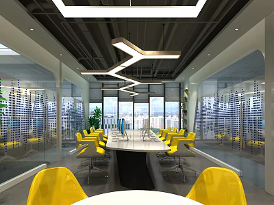 Modern Public Office Space Featuring Yellow Chairs White Tables Glass Partitions And Pendant Lights 3d model