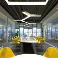 Modern Public Office Space Featuring Yellow Chairs White Tables Glass Partitions And Pendant Lights